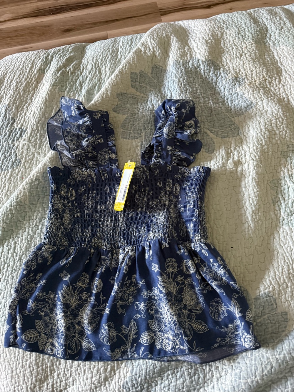 Girls Navy Floral Smocked Ruffle Top